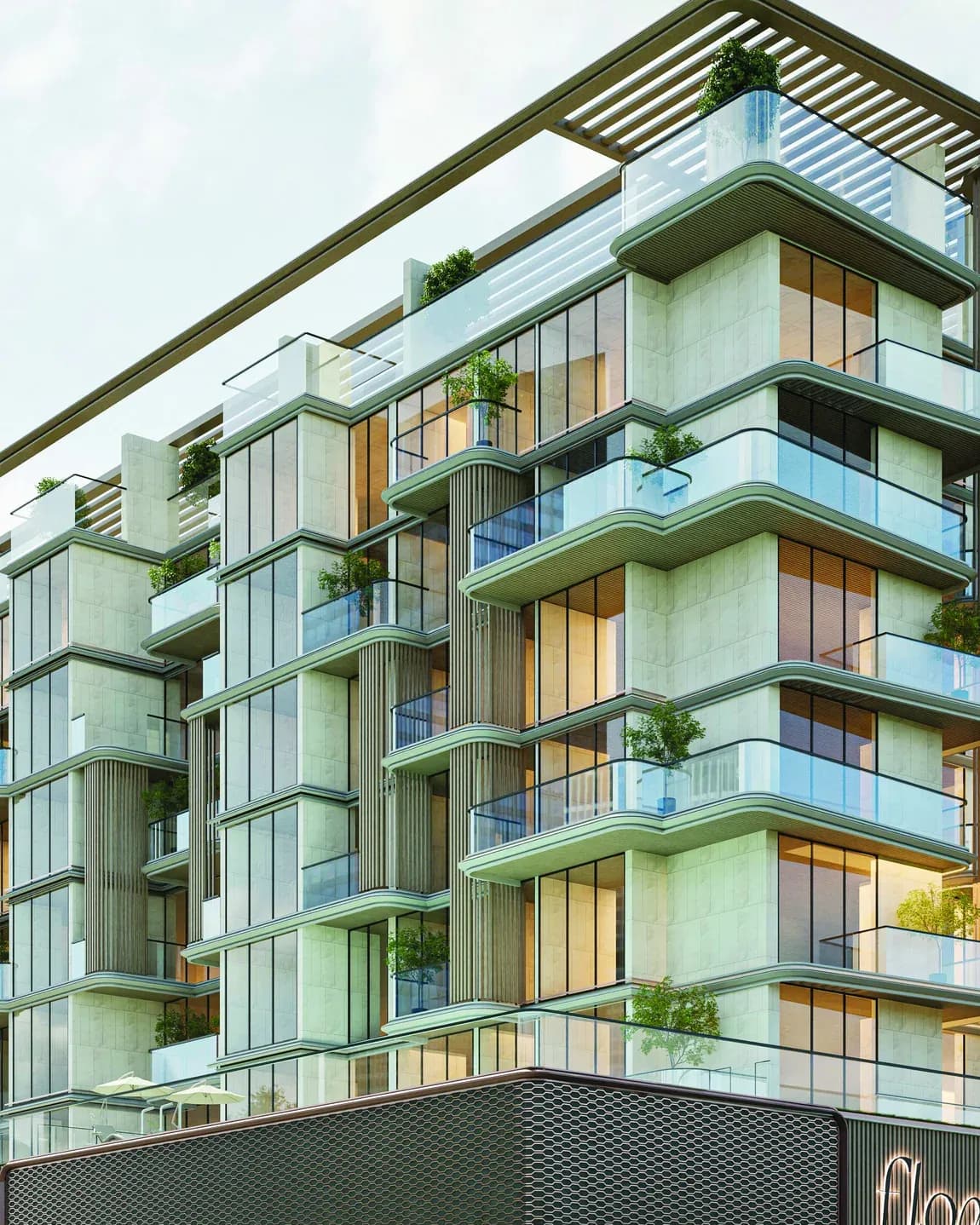 Floarea Breeze residence facade with glass balconies and palm lined street