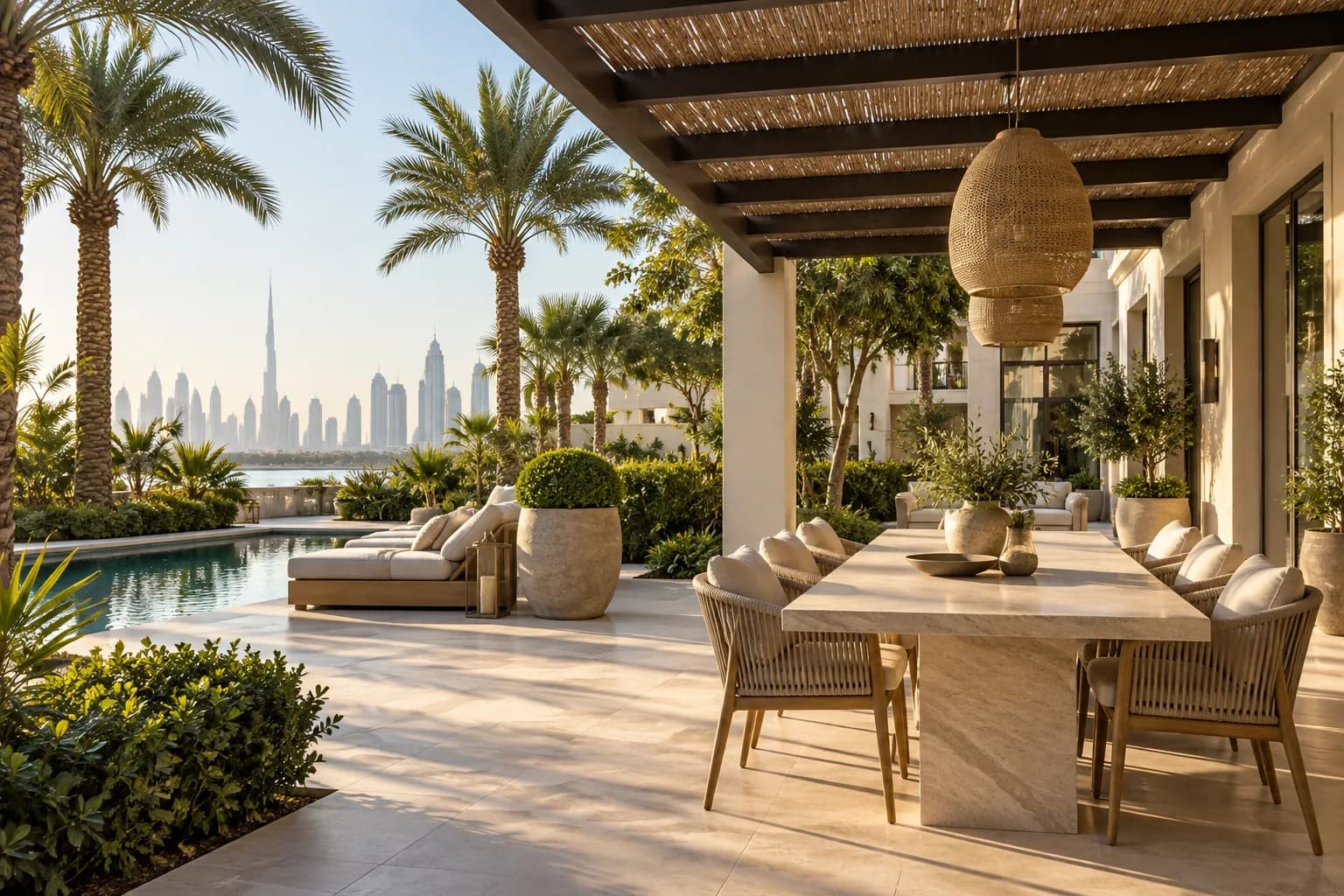 AI-sfeerbeeld van een villatuin met een pergola en buiteneettafel